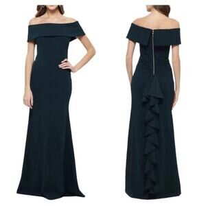 Betsy & Adam Off The Shoulder Pine Green Ruffle‎ Bow Back Gown New Sz 8 USA